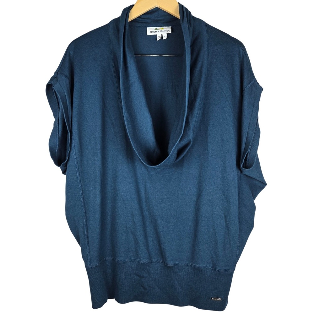 Lacoste x Malandrino Womens Large Teal Cowl Neck Batwing Short Sleeve Top 3536L